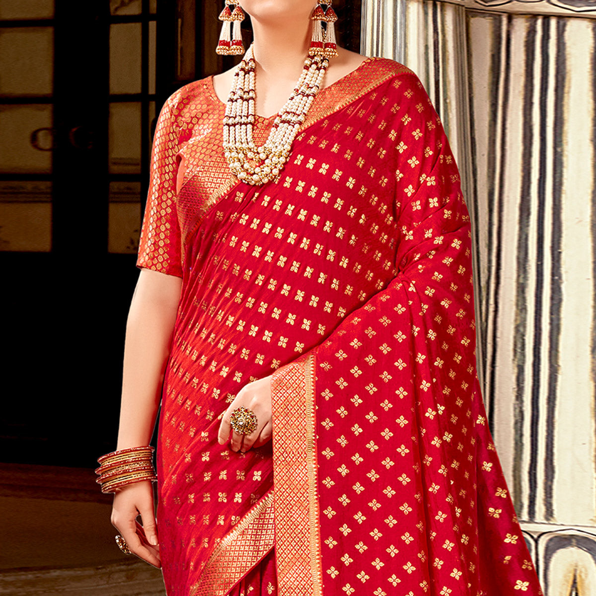 Red Foil Printed Vichitra Silk Saree