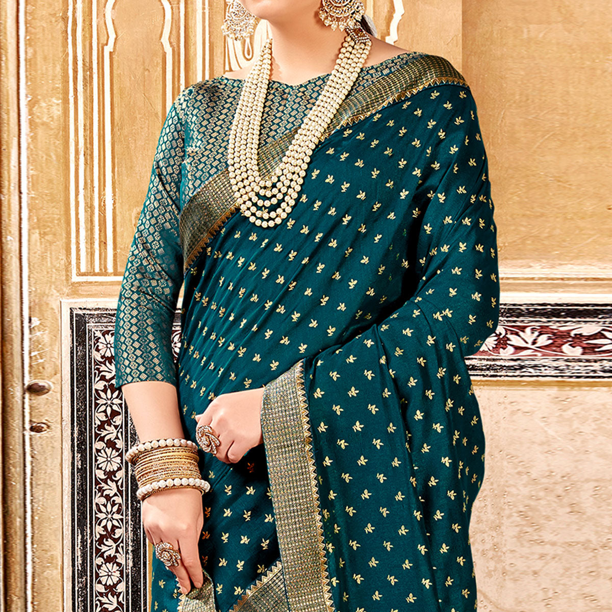 Teal Foil Printed Vichitra Silk Saree