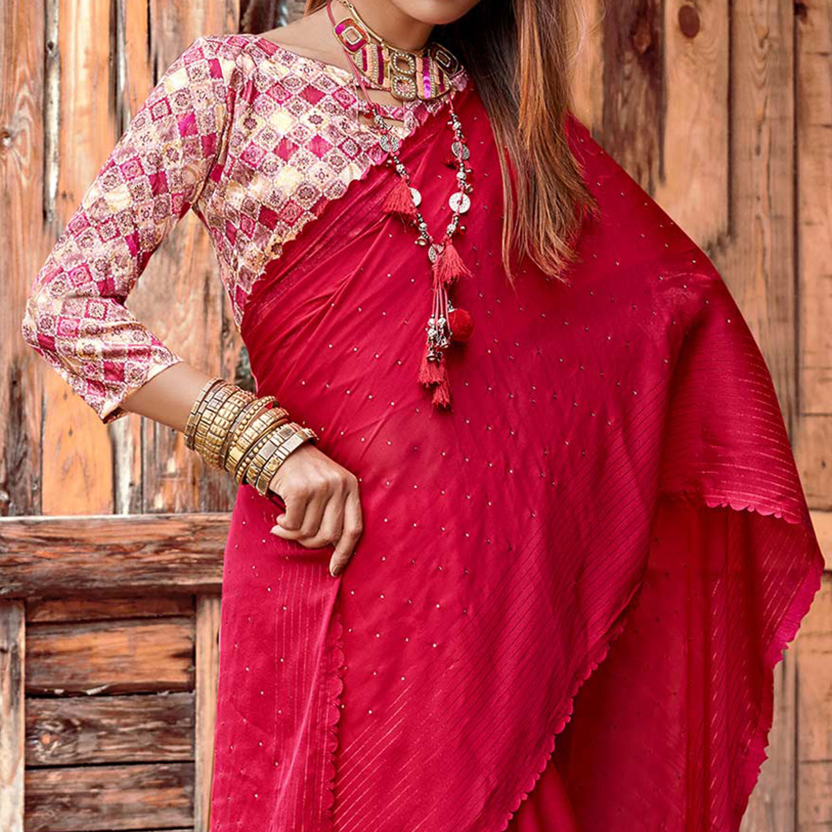 Rani Pink Swarovski Work Solid Chiffon Saree