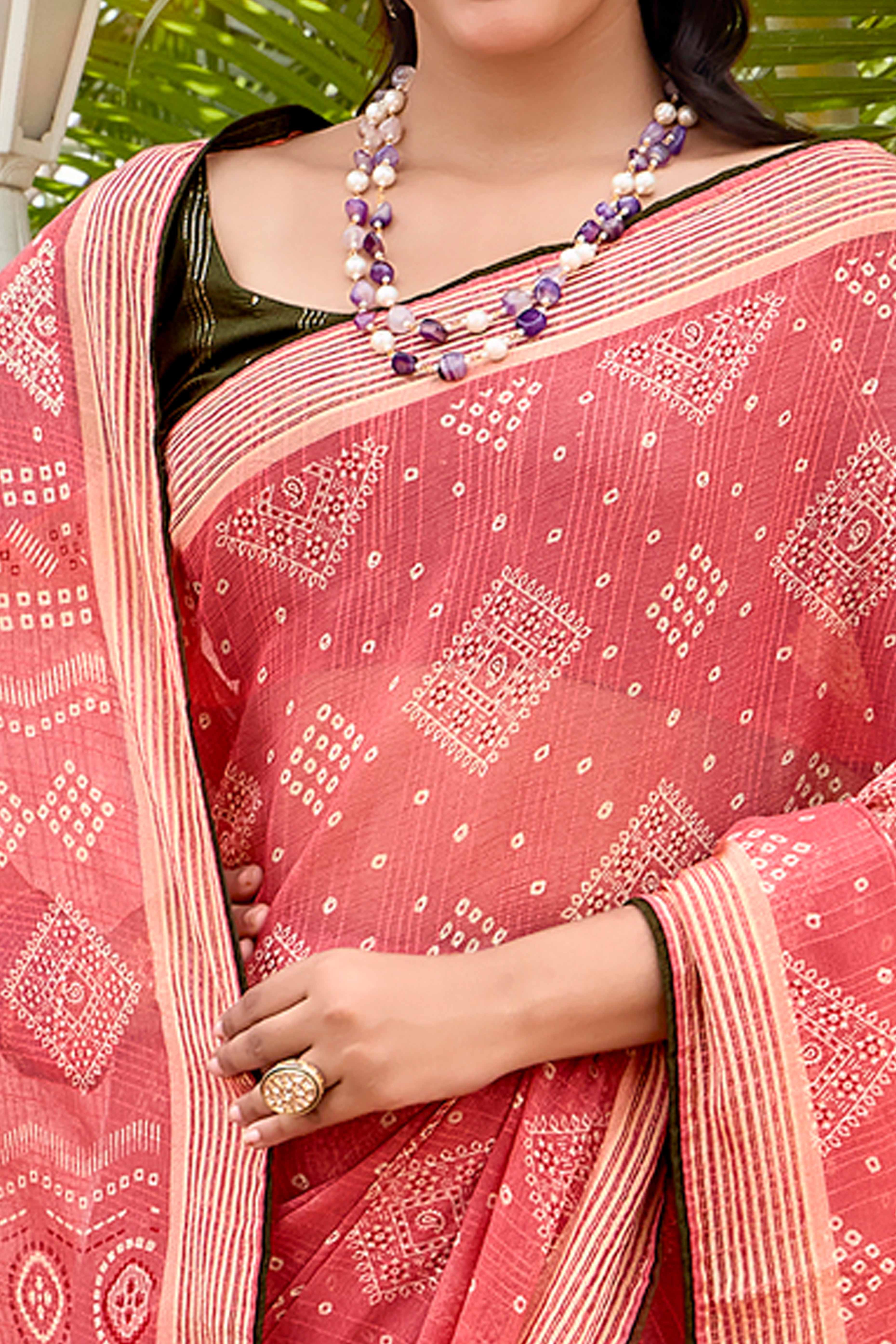 Elegant Peach Bandhani Printed Saree in Lightweight Shimmer Chiffon Fabric
