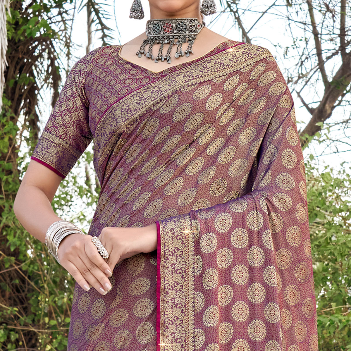 Purple Woven With Swarovski Work Pure Silk Saree