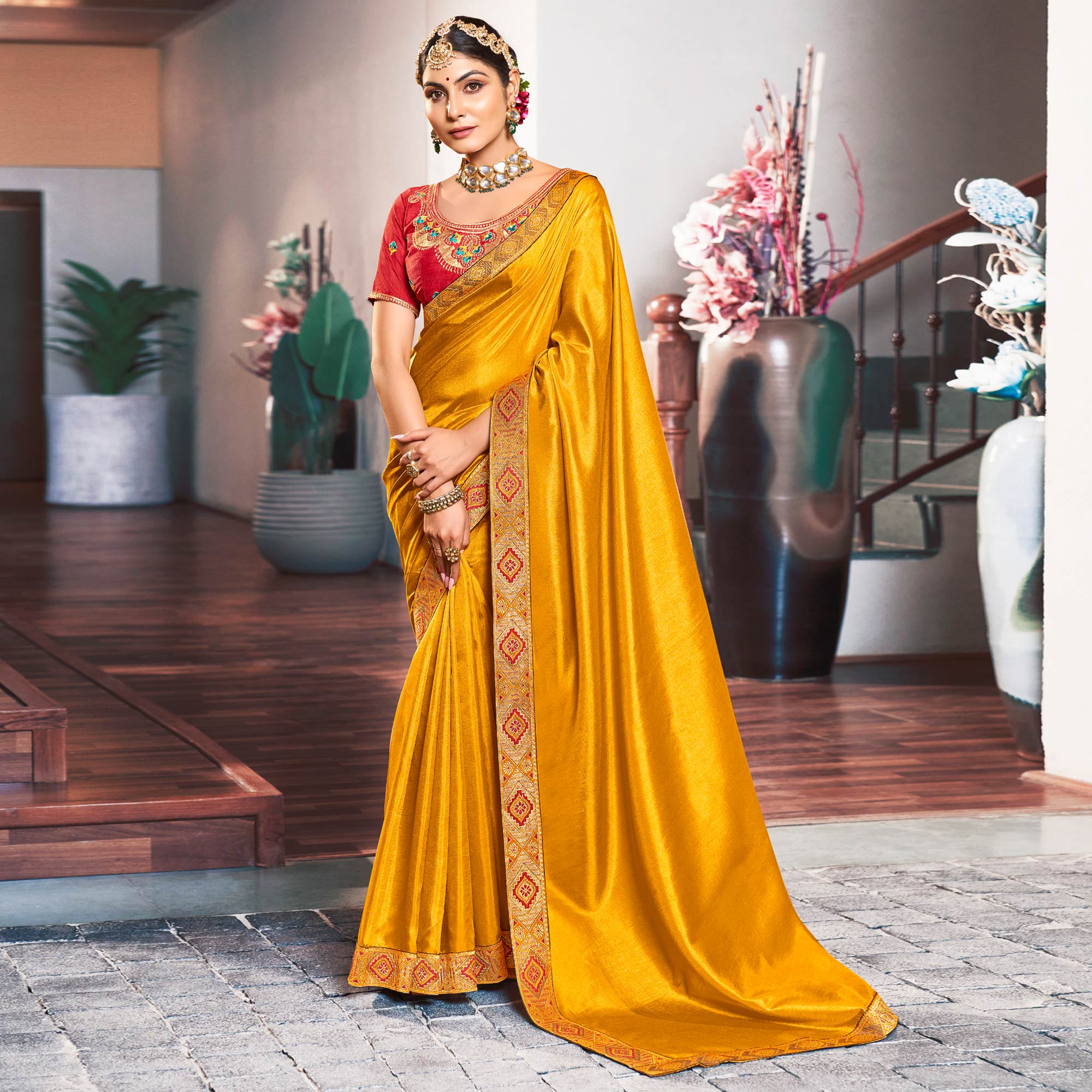 Yellow Solid Vichitra Silk With Zari Lace Border