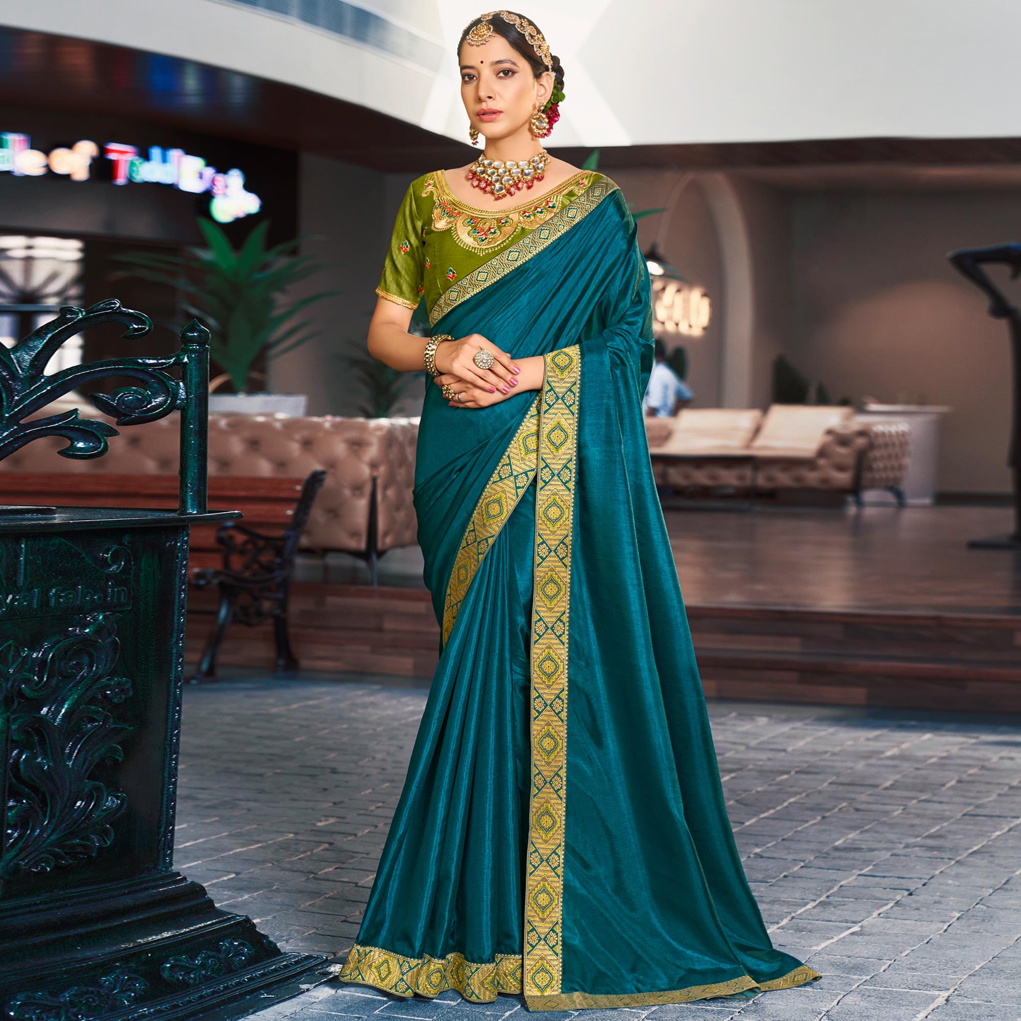 Teal Solid Vichitra Silk With Zari Lace Border