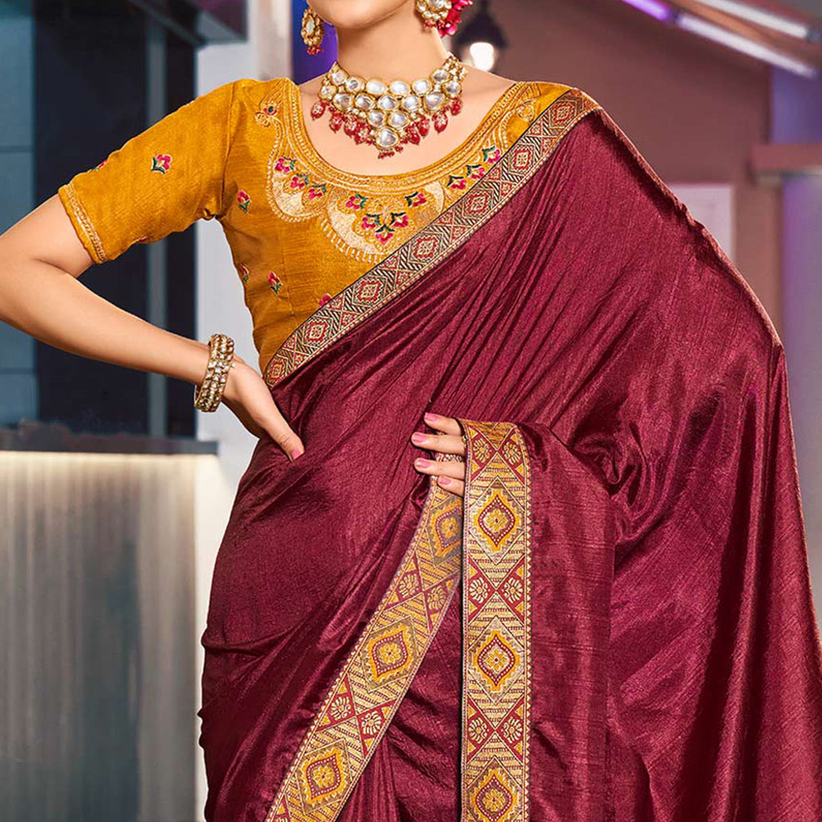 Maroon Solid Vichitra Silk With Zari Lace Border