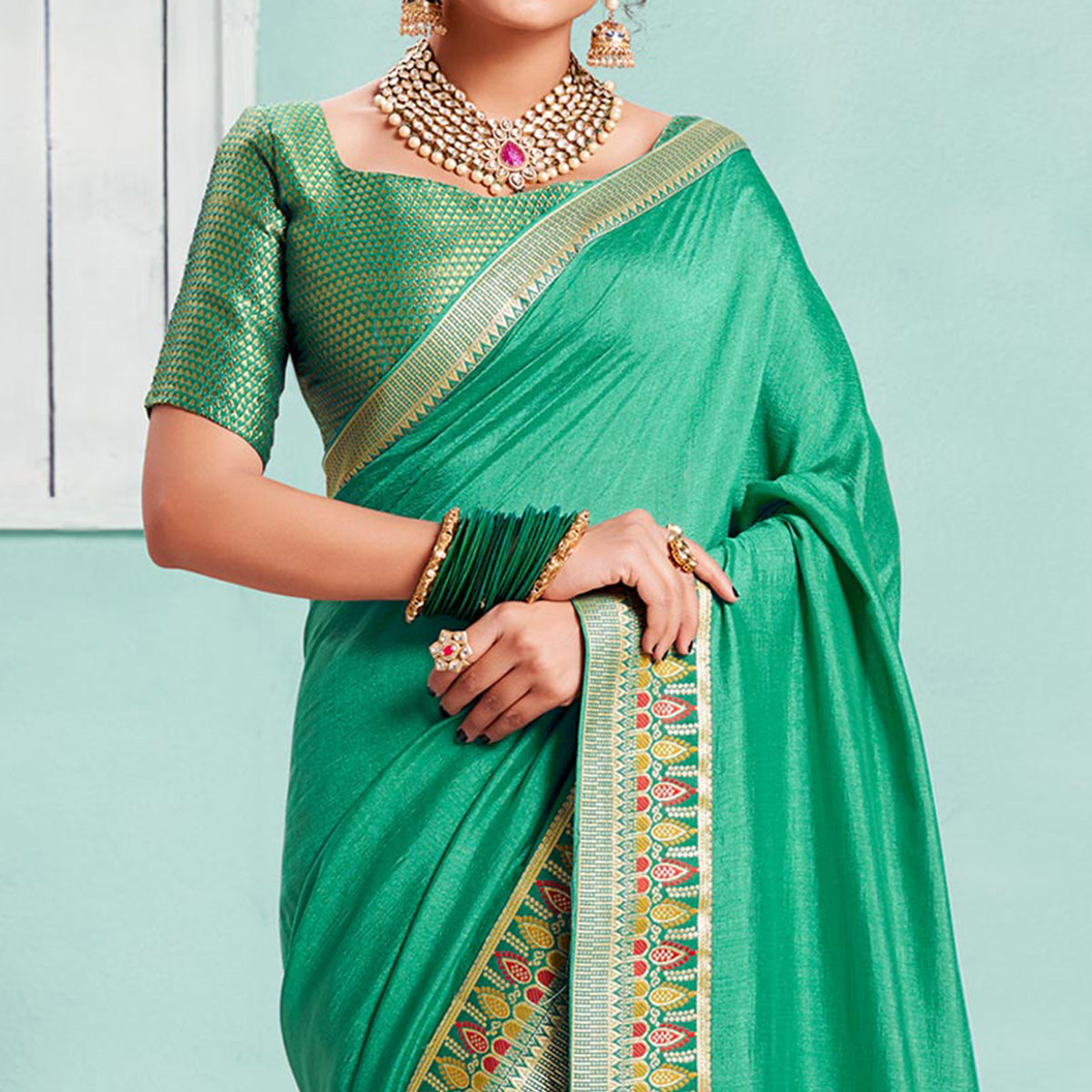 Rama Green Solid Vichitra Silk Saree With Zari Border