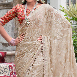 Beige Woven With Swarovski Work Brasso Saree