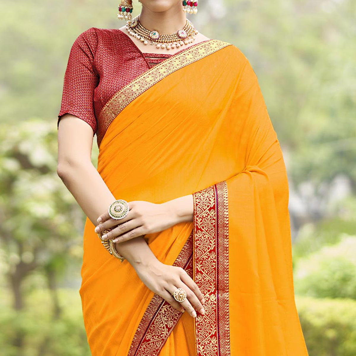 Yellow Solid Vichitra Silk Saree With Jacquard Border