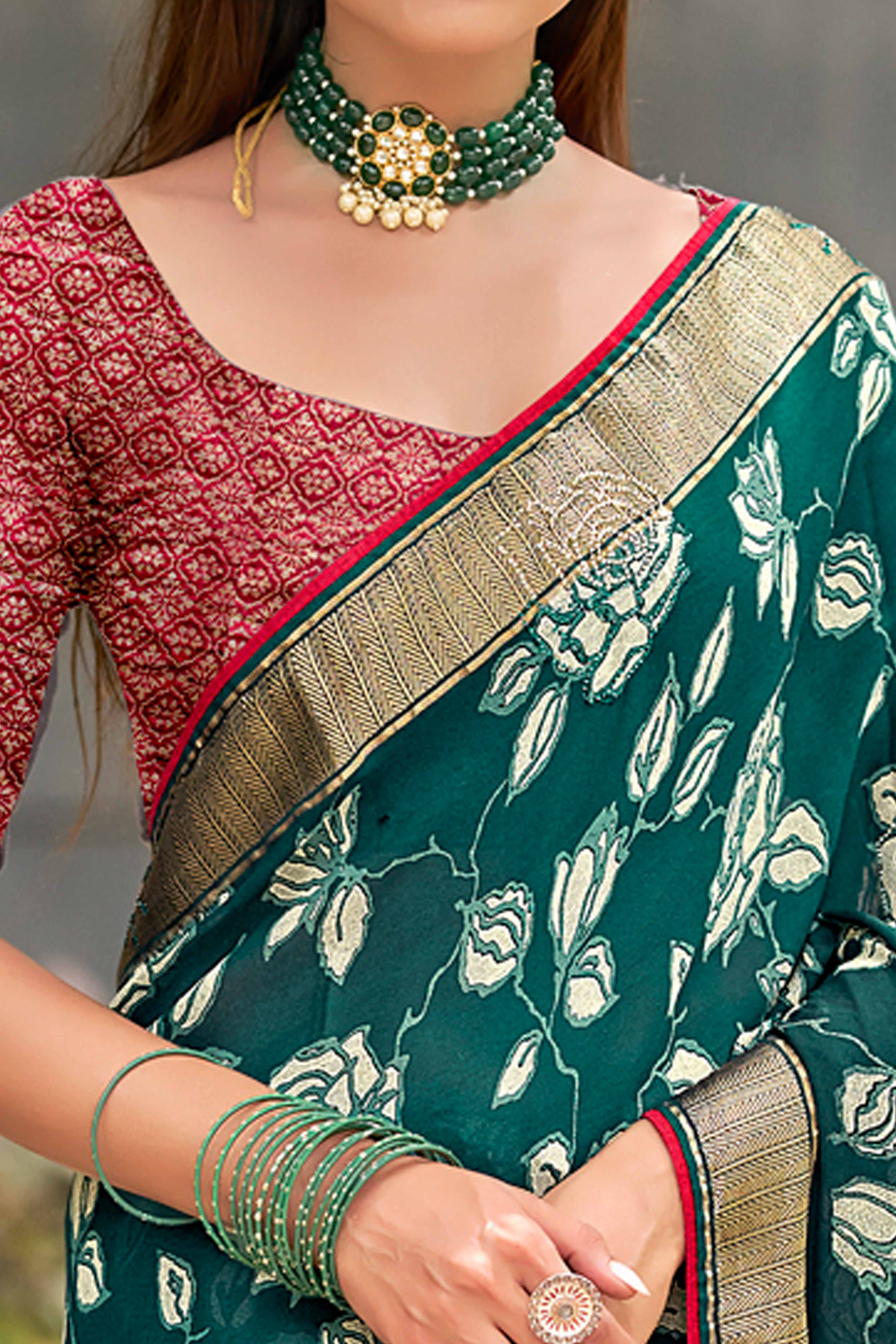 Morpich Green Moss Crepe Saree with Elegant Floral Prints