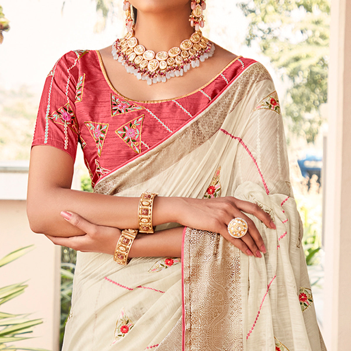 Off white Floral Embroidered Cotton Blend Saree With Tassels