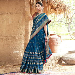 Blue Bandhani Printed Pure Silk Saree