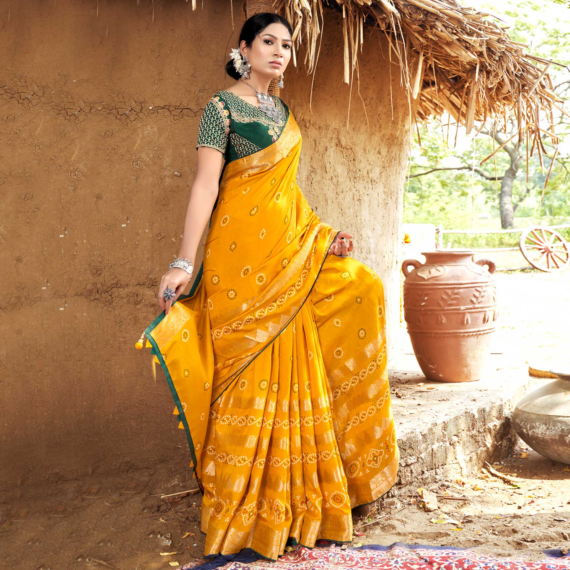 Yellow Bandhani Printed Pure Silk Saree