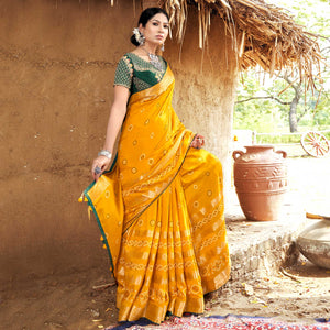Yellow Bandhani Printed Pure Silk Saree