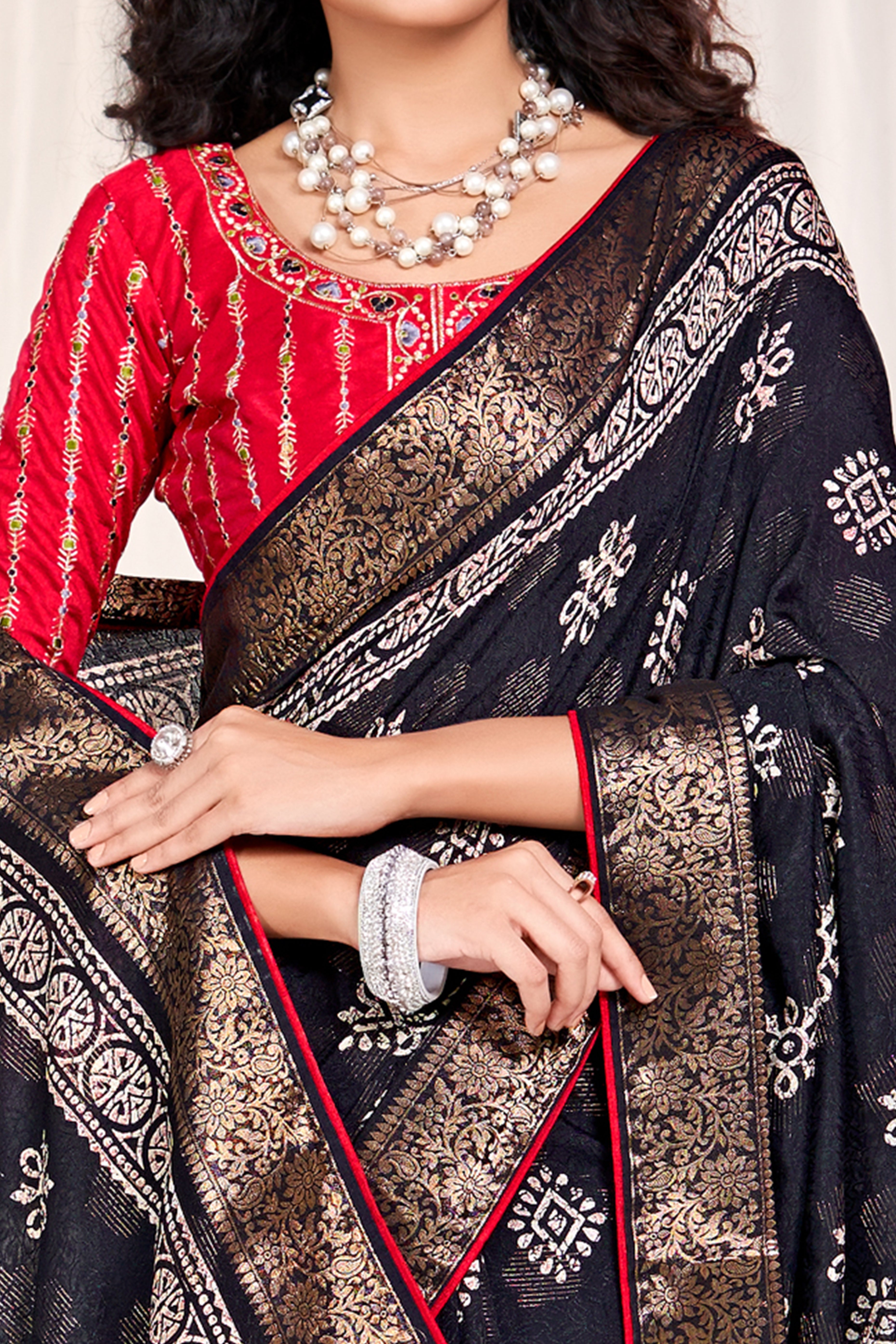 Black Floral Printed Saree in Jacquard Weave with Zari Detailing