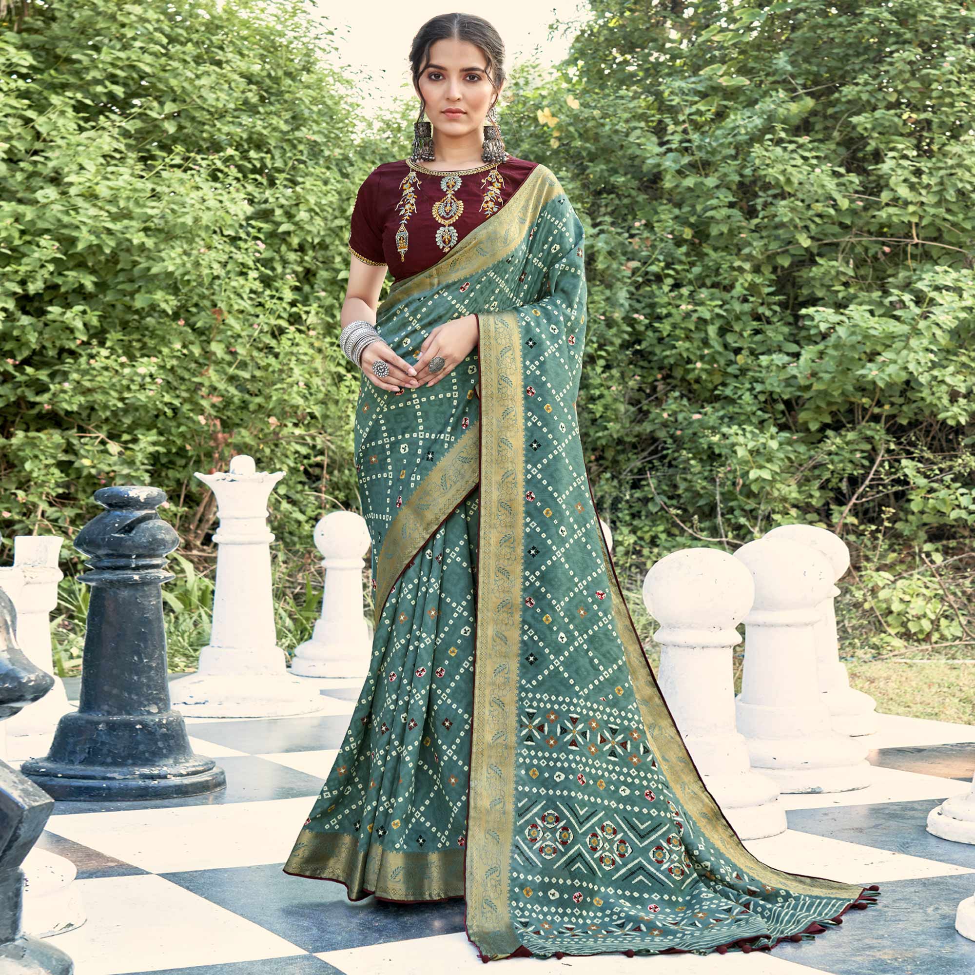 Green Bandhani Printed Dola Silk Saree
