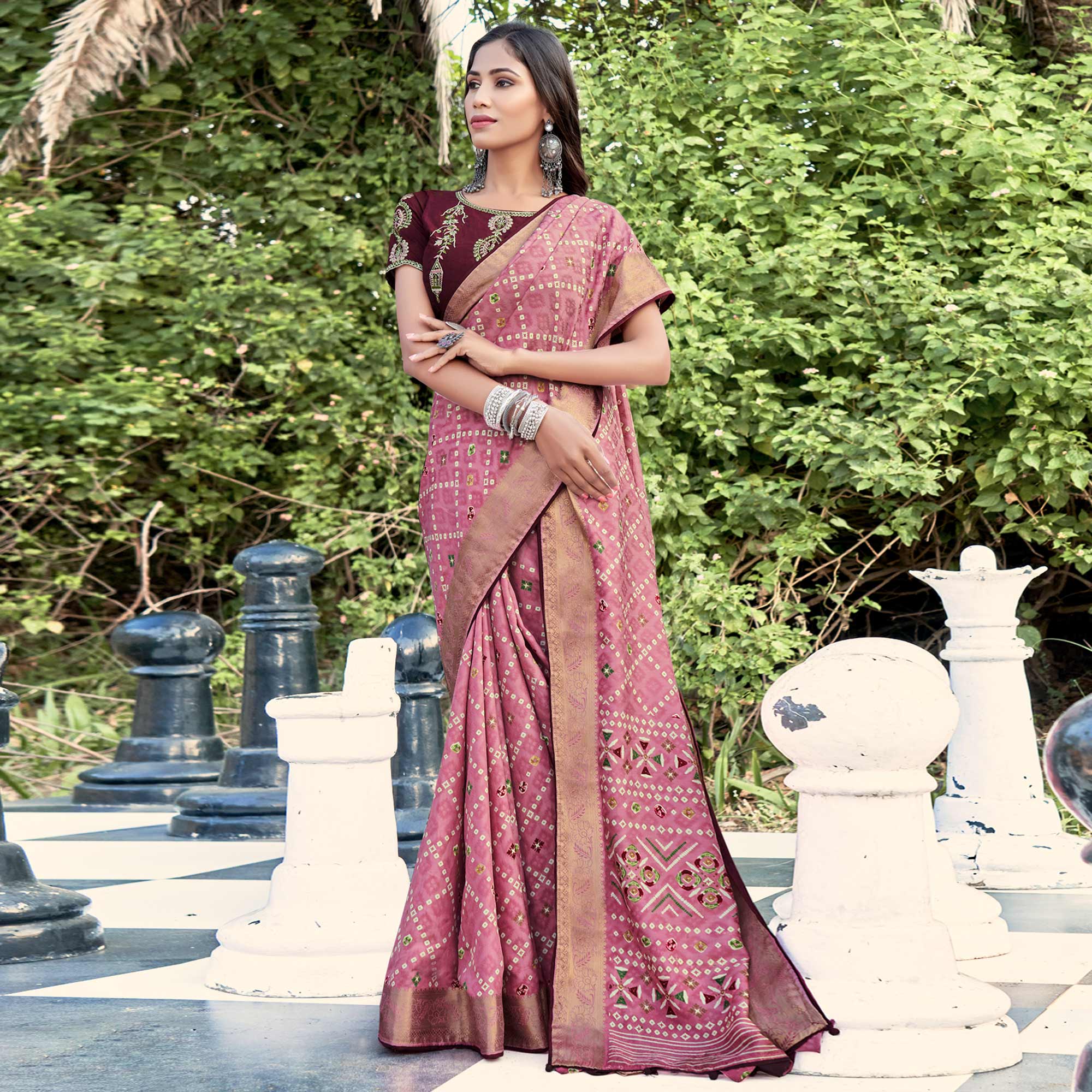 Pink Bandhani Printed Dola Silk Saree