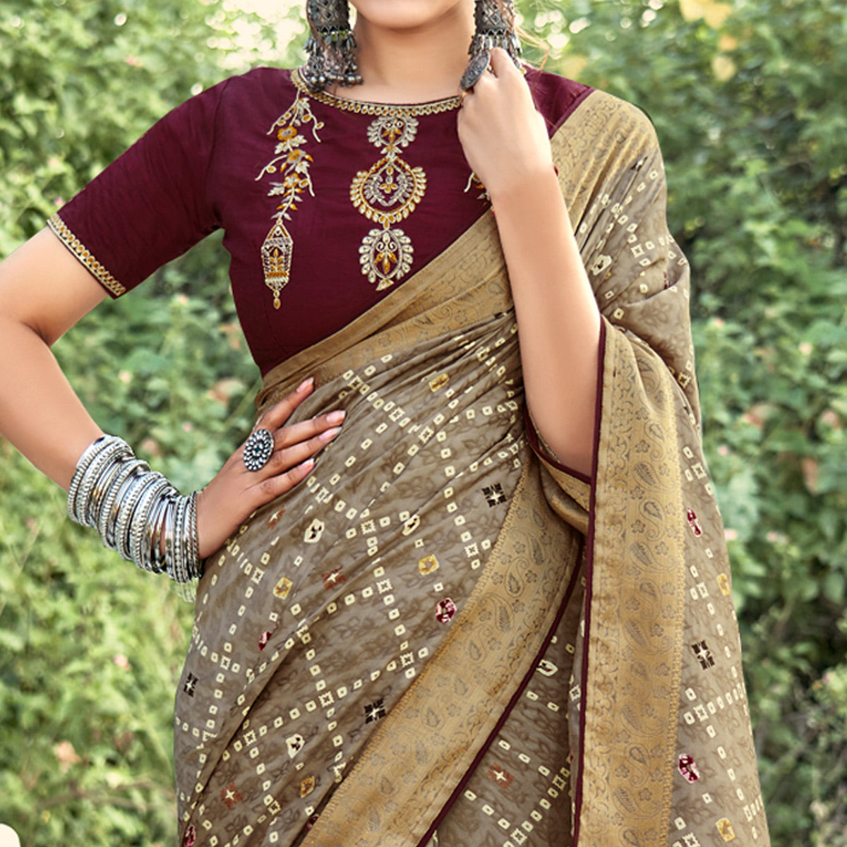 Chikoo Bandhani Printed Dola Silk Saree