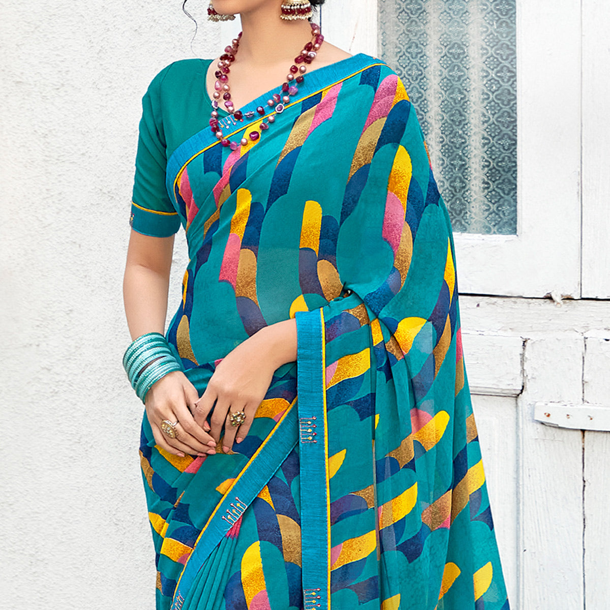 Blue Geometric Printed Georgette Saree With Lace Border
