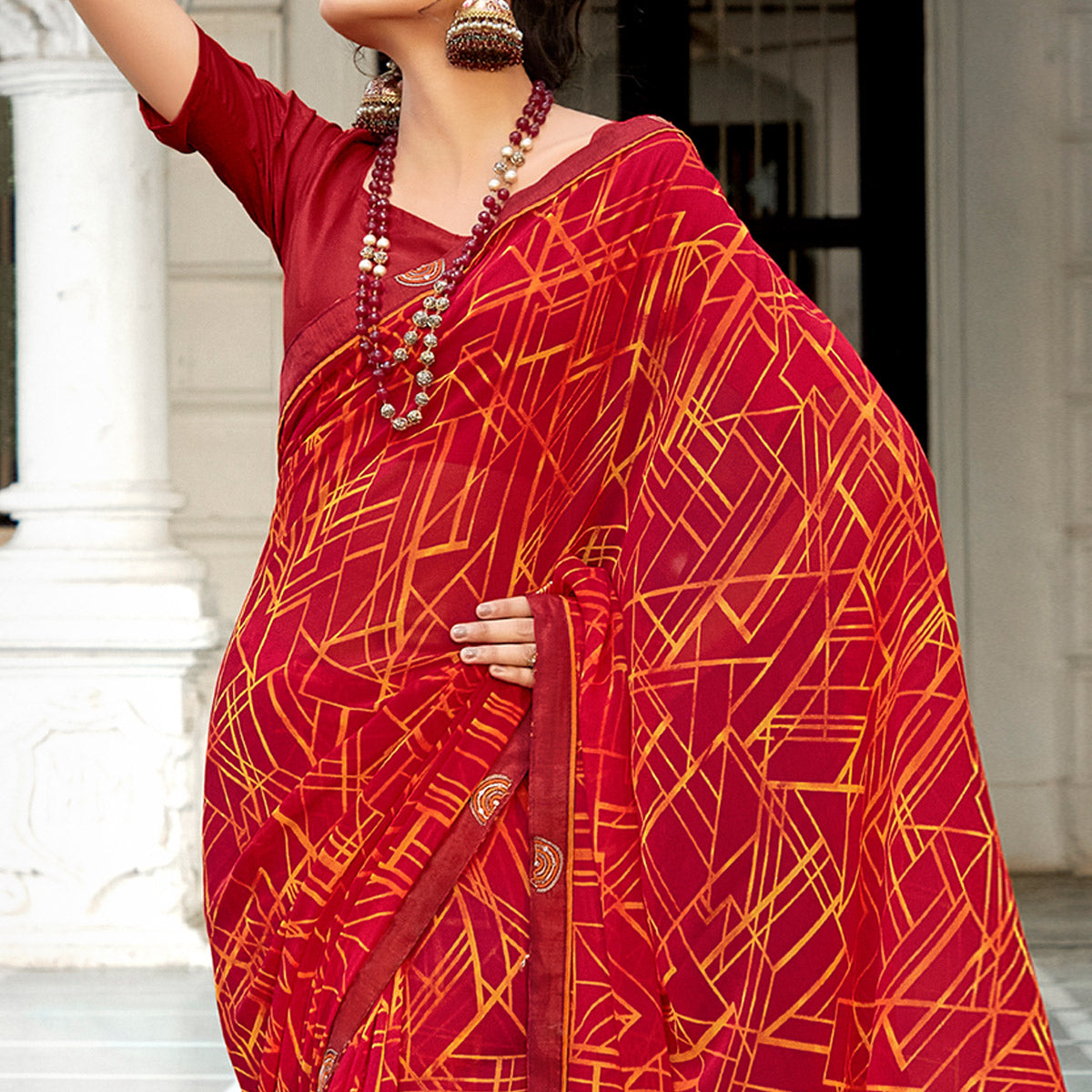 Red Geometric Printed Georgette Saree With Lace Border