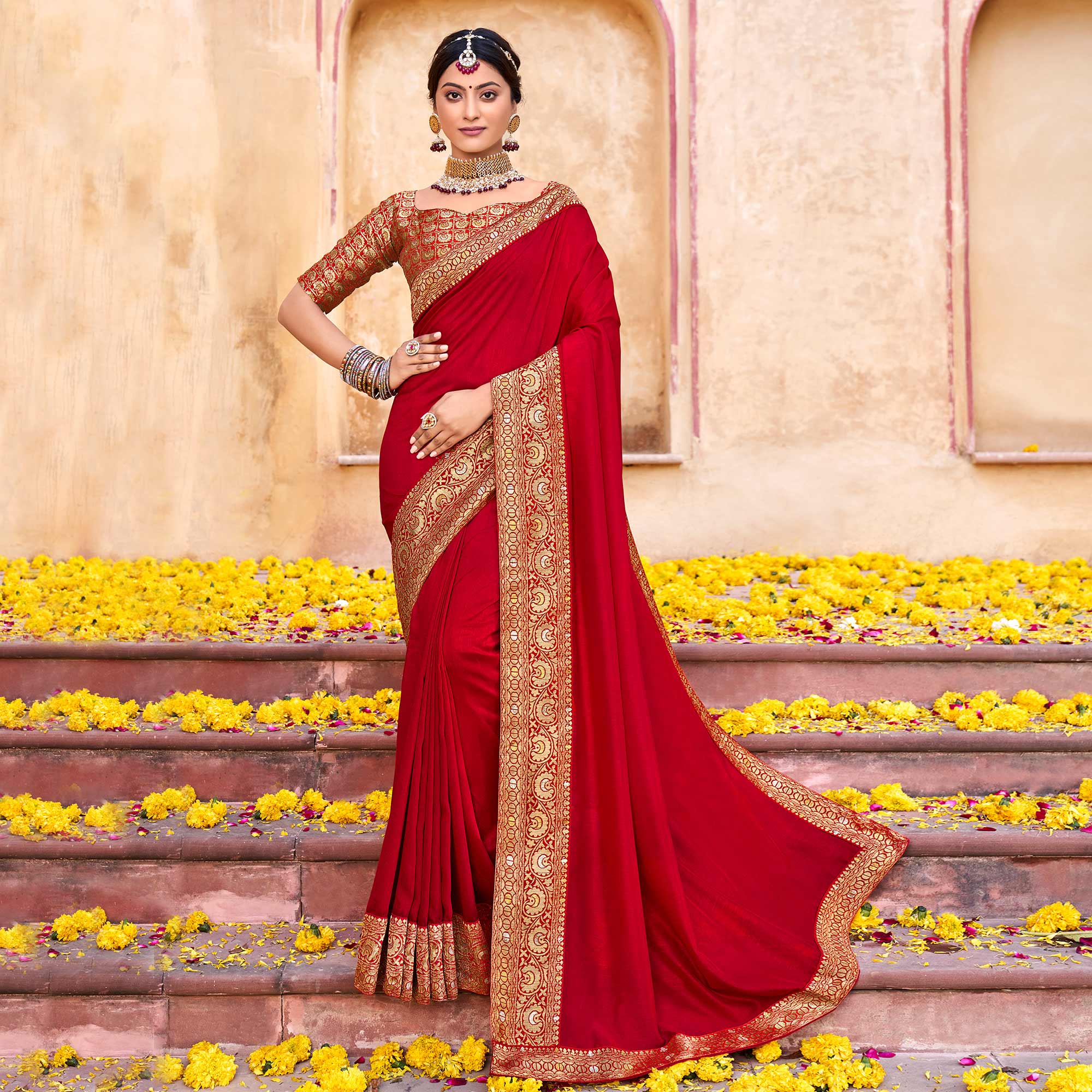 Red Solid With Jacquard Border Vichitra Silk Saree