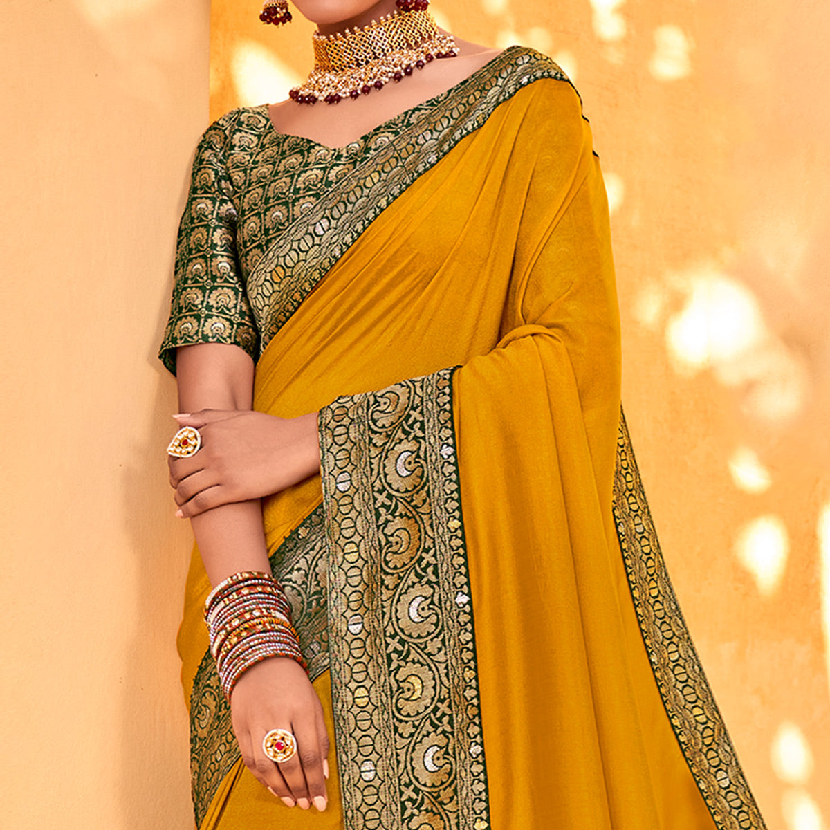 Mustard Solid With Jacquard Border Vichitra Silk Saree