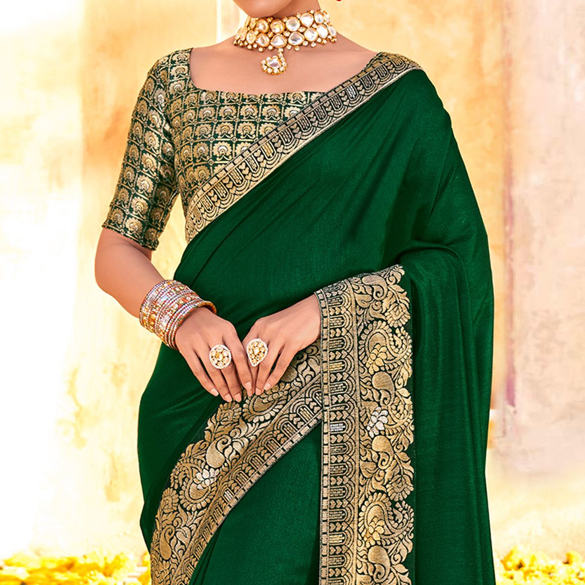 Green Solid With Jacquard Border Vichitra Silk Saree