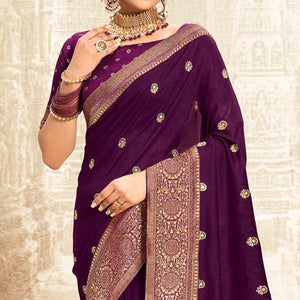 Wine Floral Zari Weaving Vichitra Silk Saree