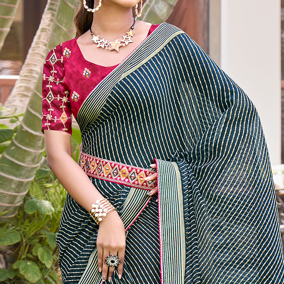 Teal Leheriya Printed Chiffon Saree