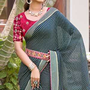 Teal Leheriya Printed Chiffon Saree