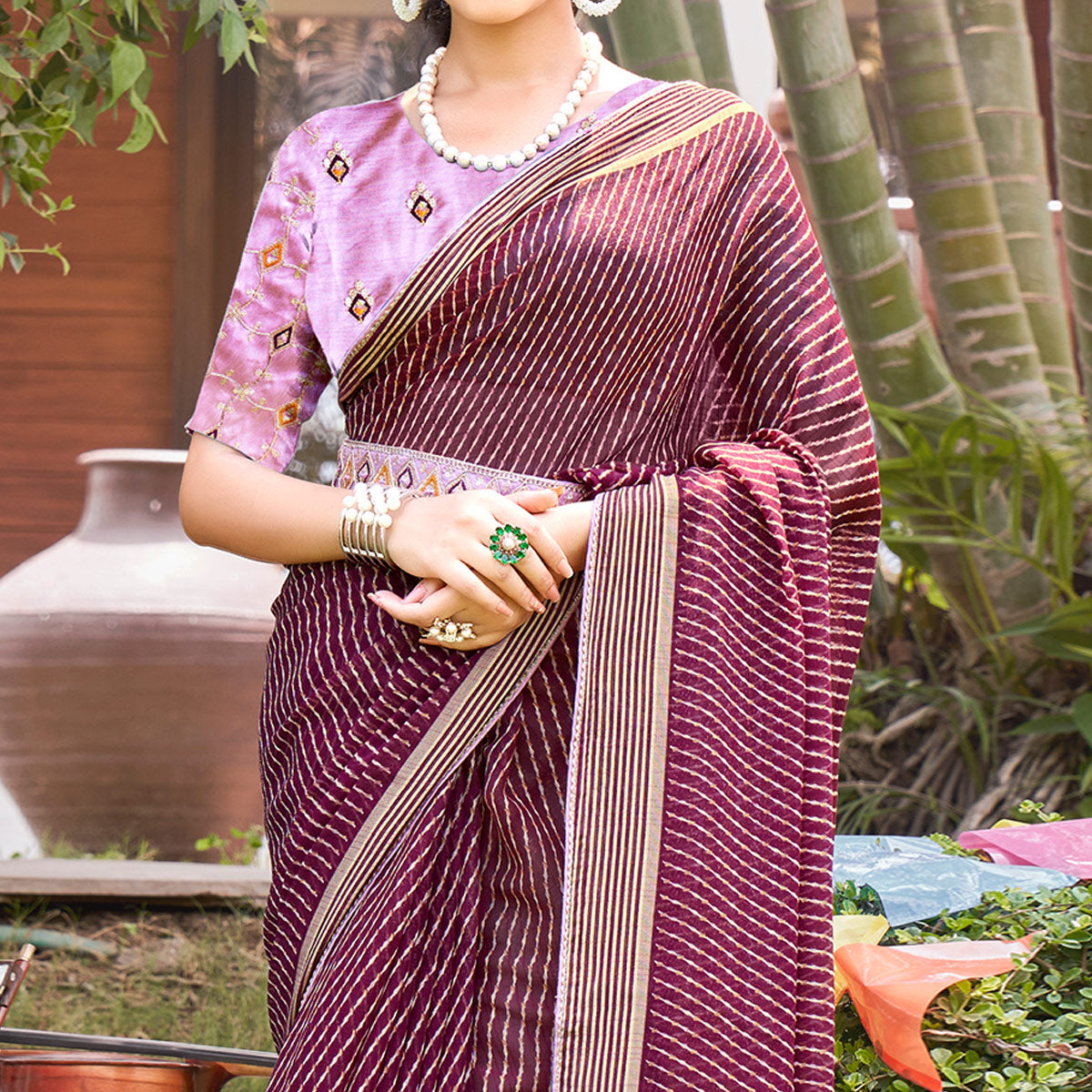 Wine Leheriya Printed Chiffon Saree