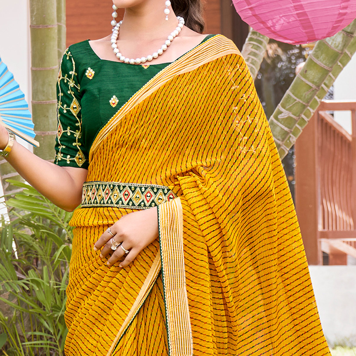 Yellow Leheriya Printed Chiffon Saree