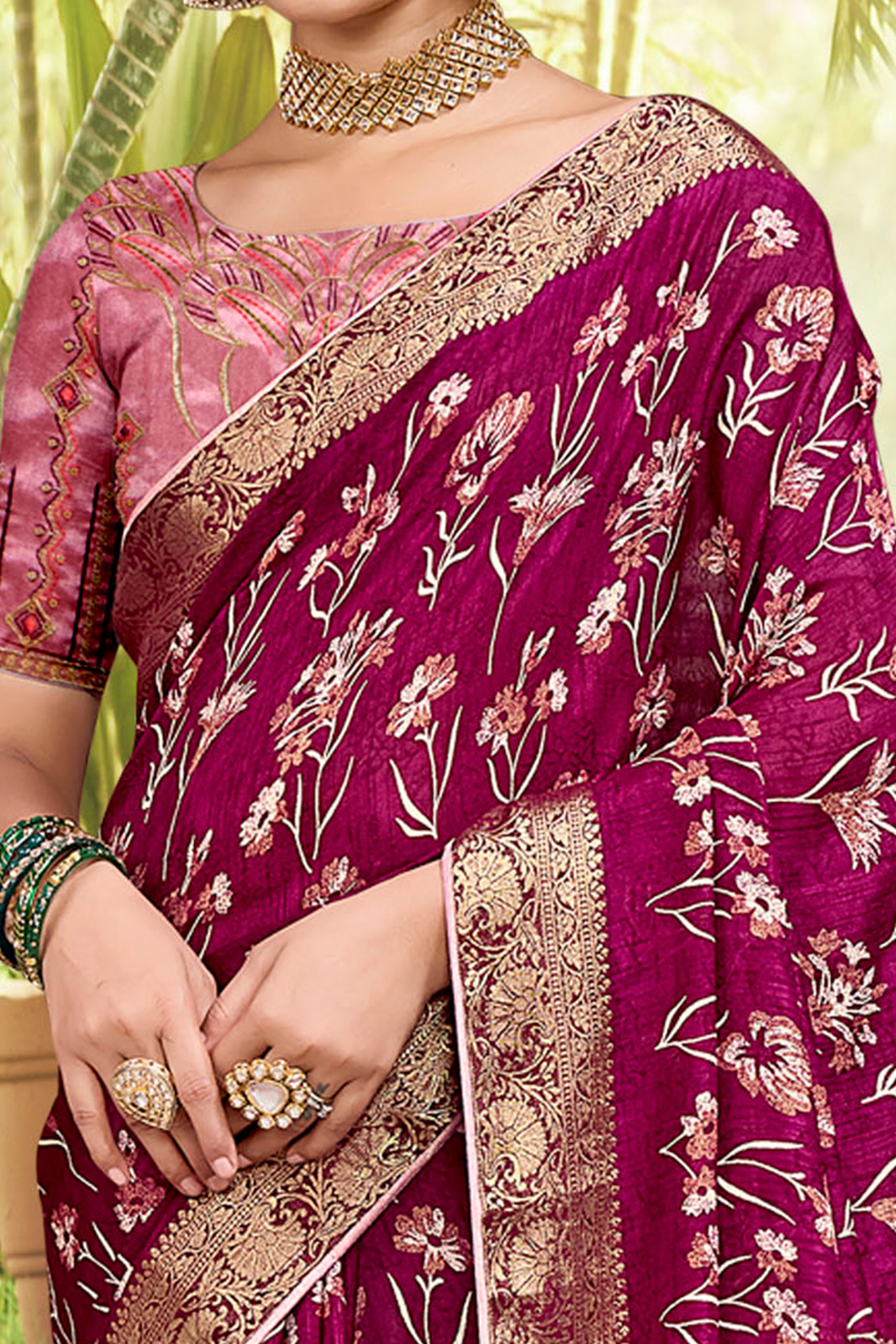 Magenta Floral Printed Saree in Jacquard Weave with Zari Detailing