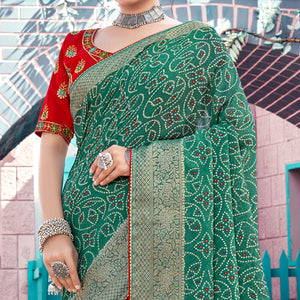 Rama Green Bandhani Printed Georgette Saree