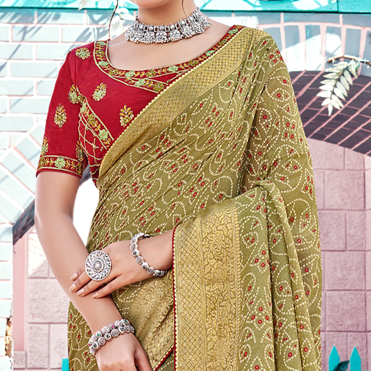 Olive Bandhani Printed Georgette Saree