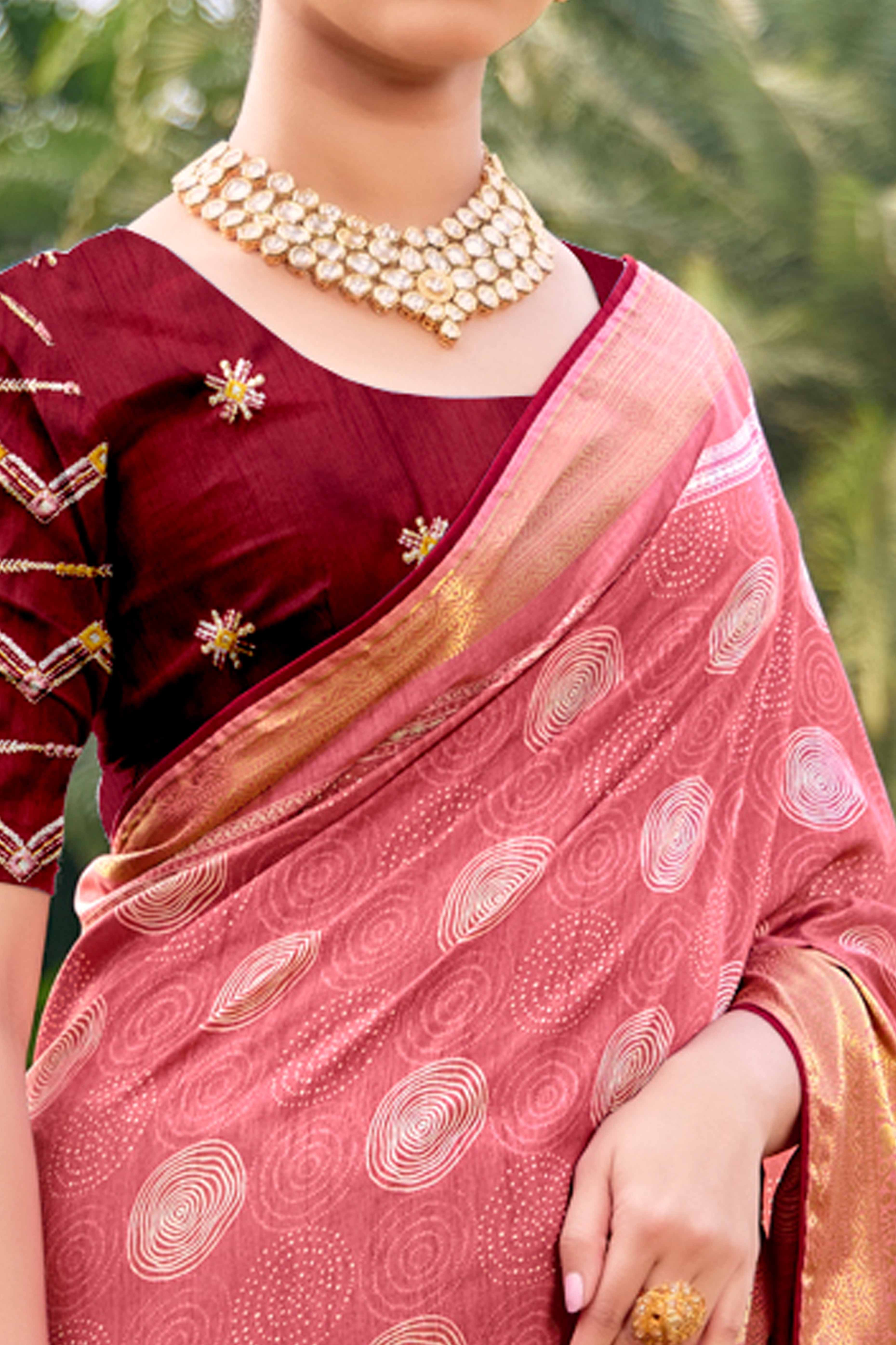 Pink Printed Dola Silk Saree With Ornate Zari Border & Tassel Pallu