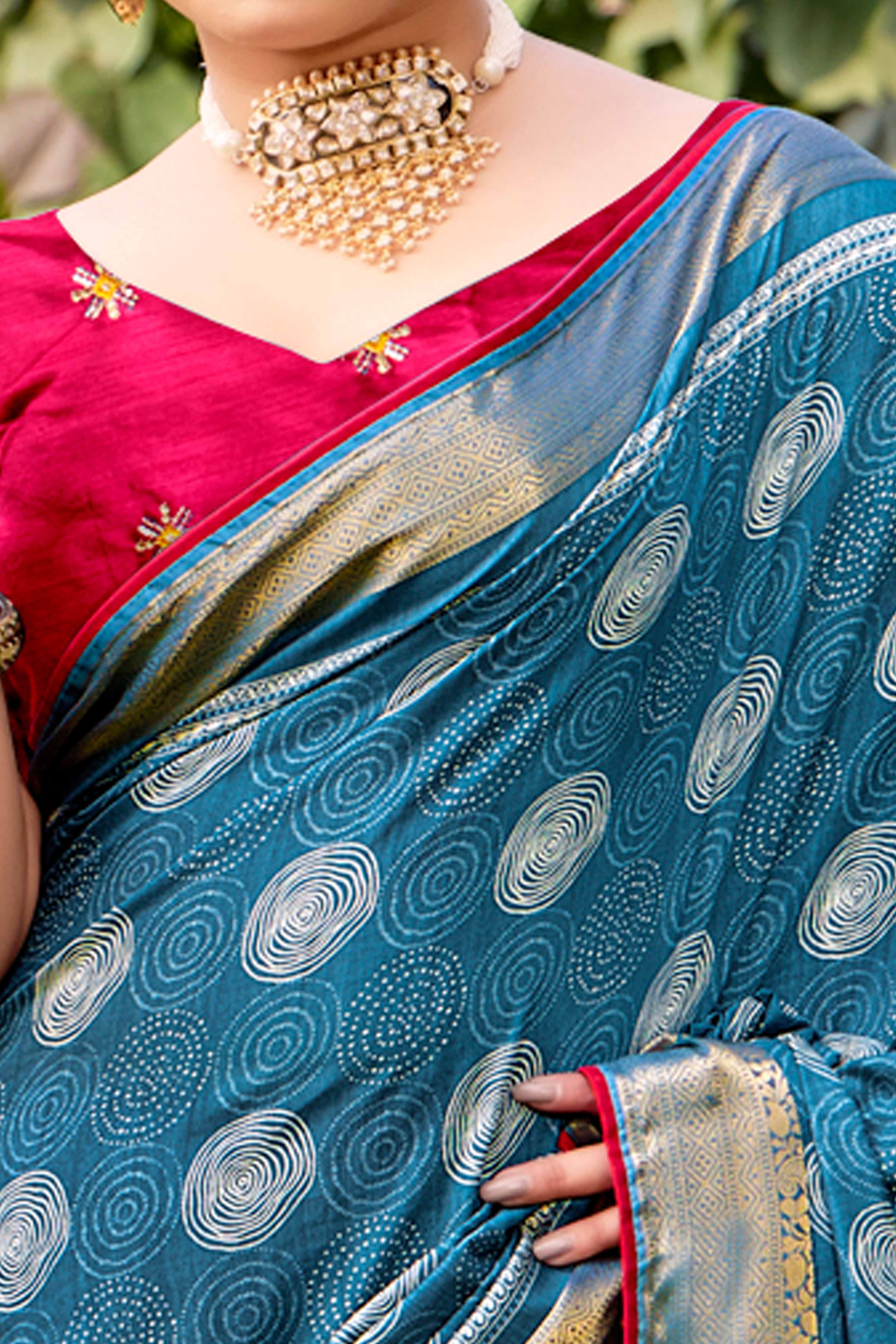 Blue Printed Dola Silk Saree With Ornate Zari Border & Tassel Pallu