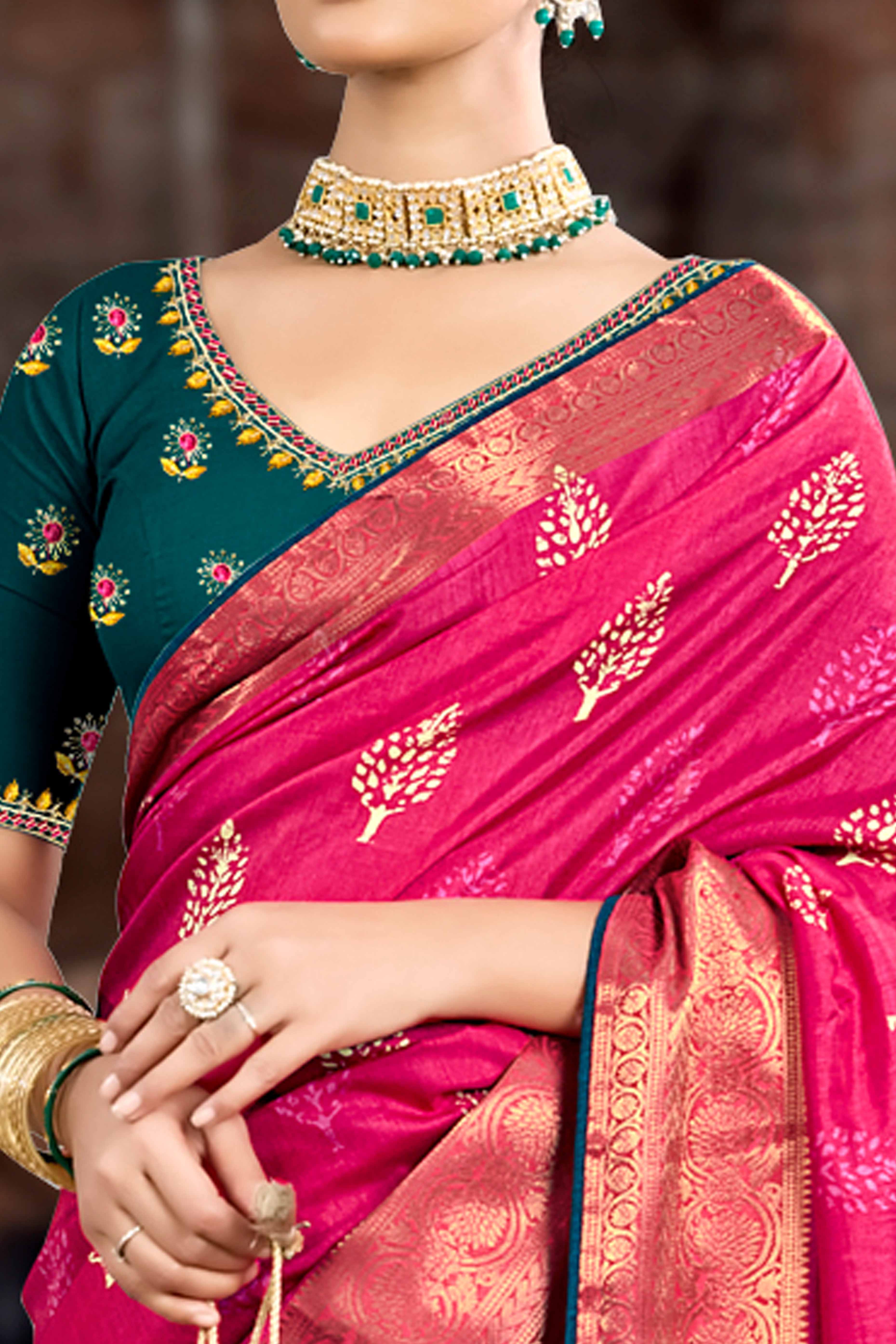 Rani Pink Dola Silk Saree Featuring Artistic Print Work & Graceful Tassel Edging