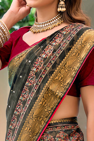 Grey Woven Moss Jacquard Crepe Saree with Printed Patterns