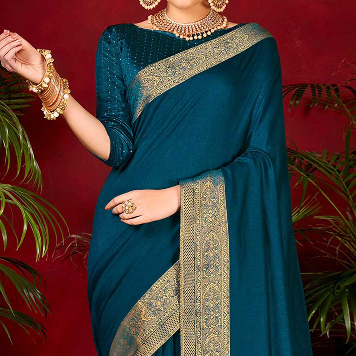 Teal Solid Vichitra Silk Saree With Woven Border
