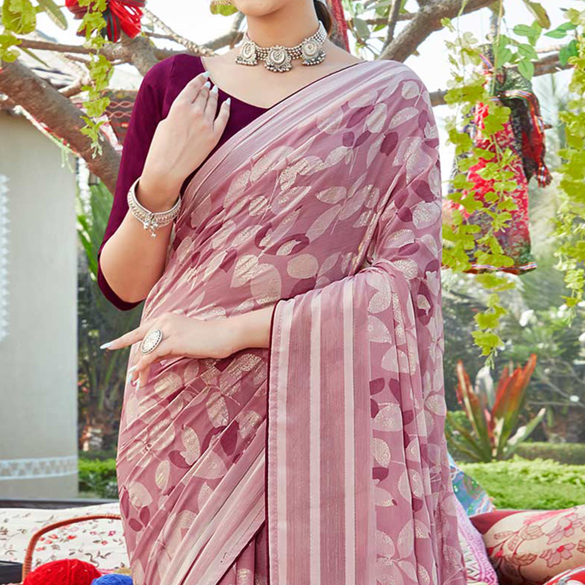 Onion Pink Foil Printed Chiffon Saree With Tassels