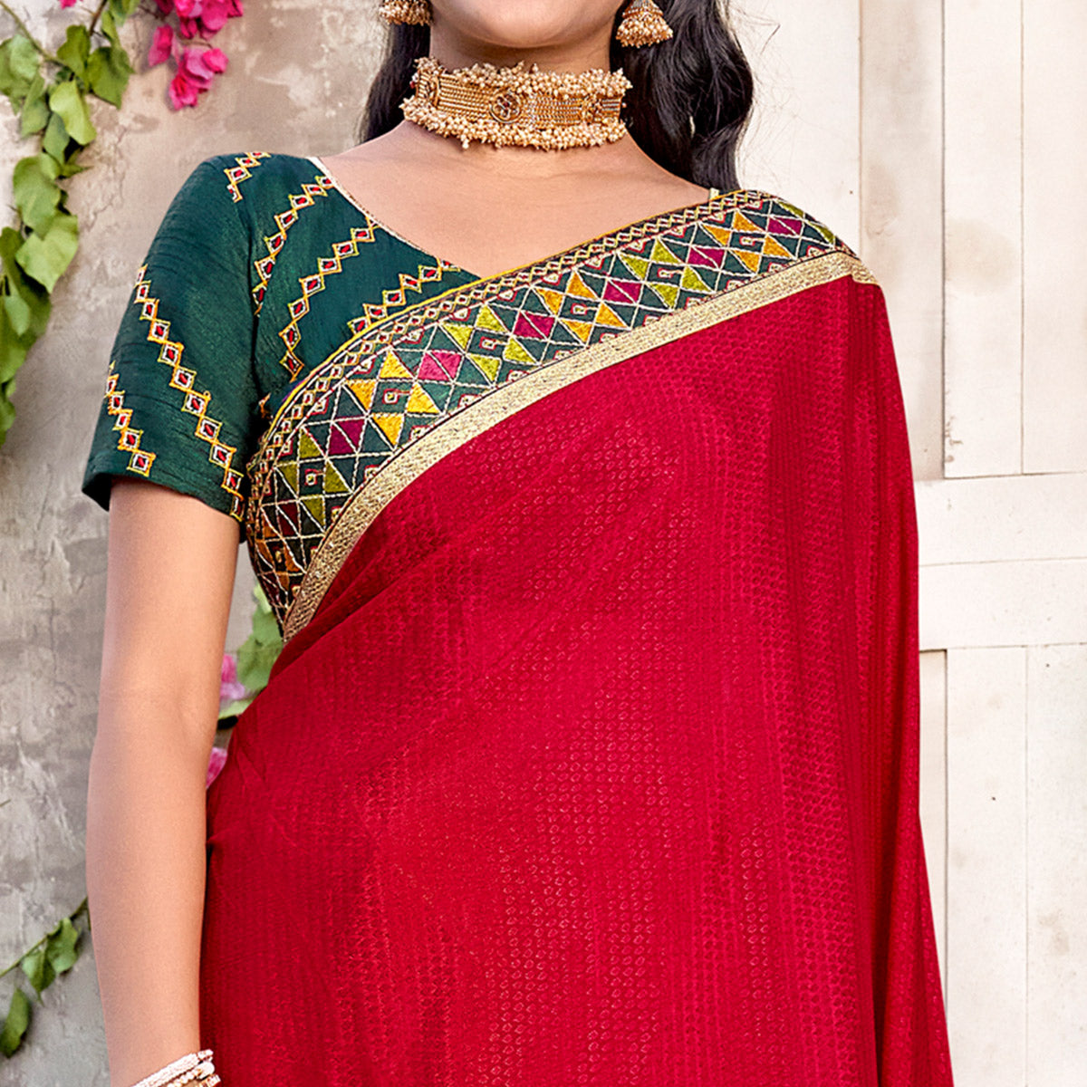 Red Embroidered Chinon Saree With Swarovski Work