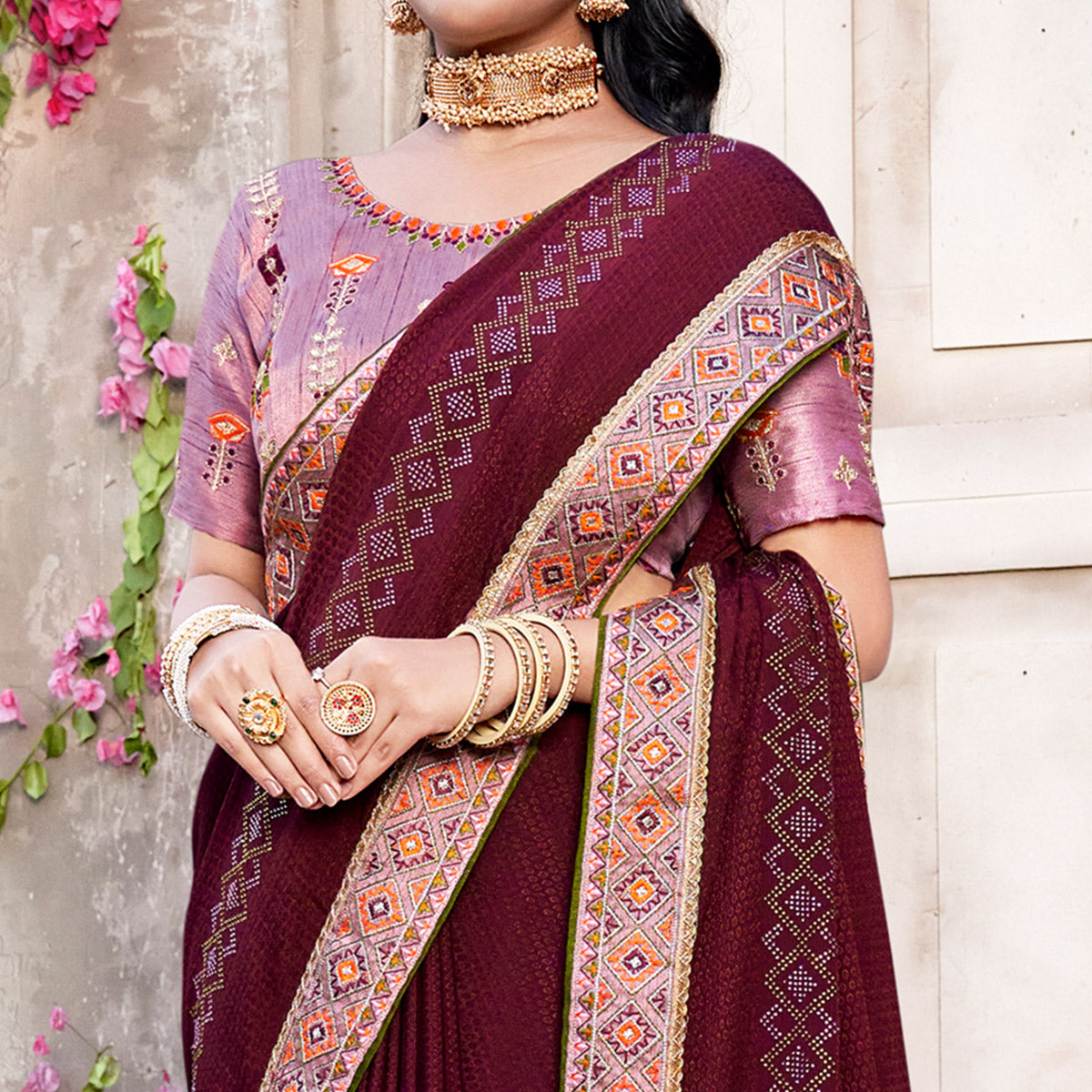 Wine Embroidered Chinon Saree With Swarovski Work