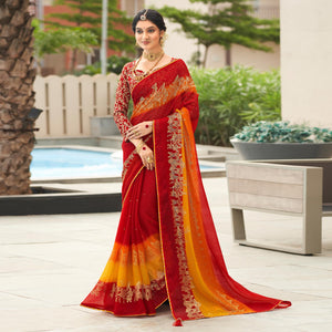 Red & Yellow Foil Printed Chiffon Saree