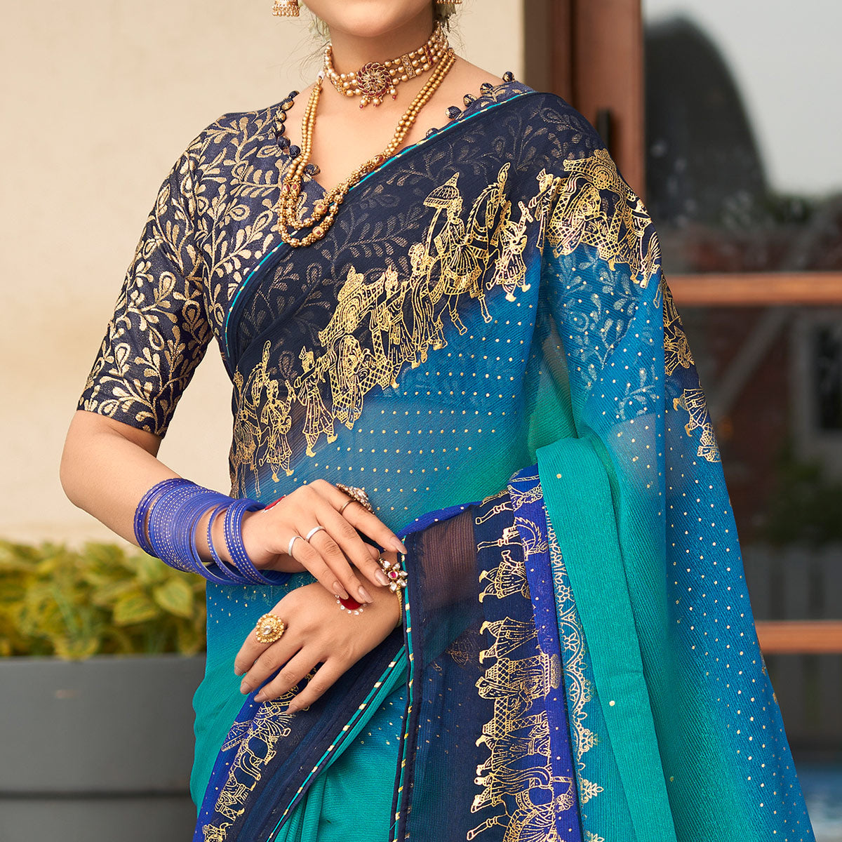 Blue Foil Printed Chiffon Saree
