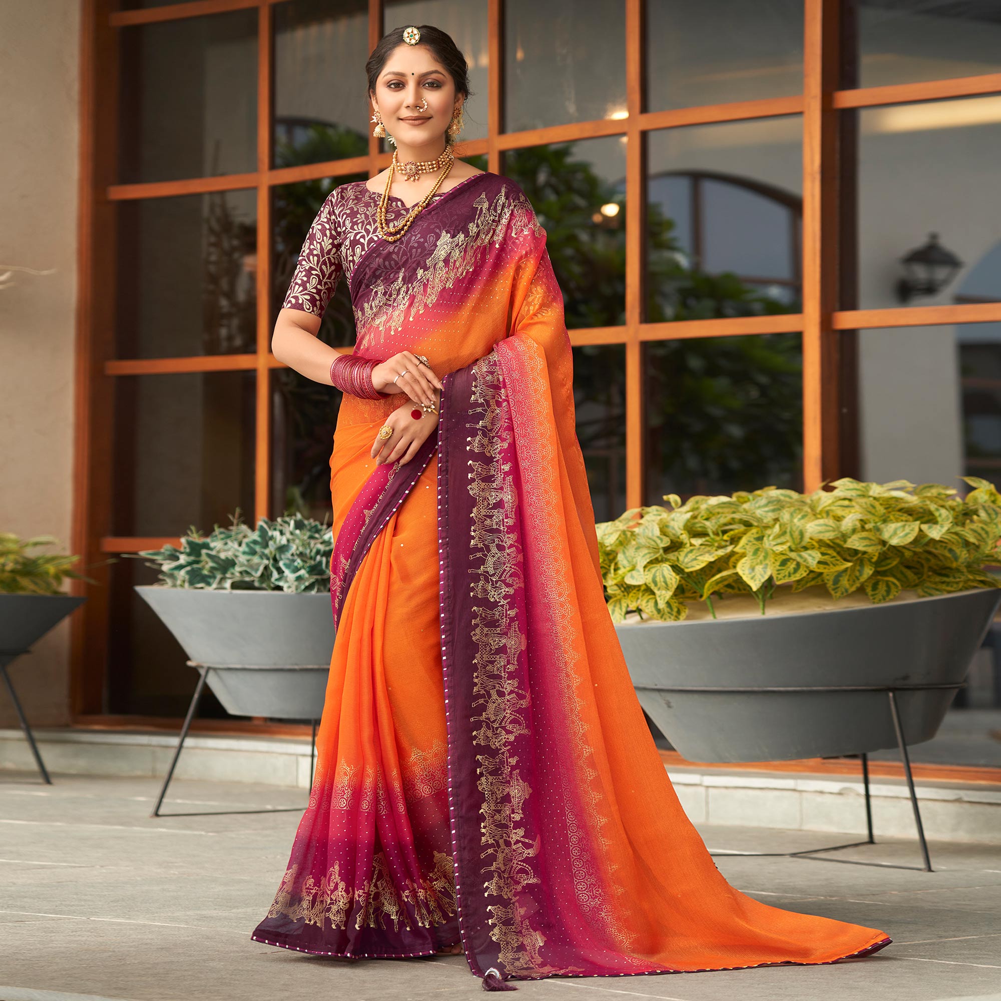 Orange & Wine Foil Printed Chiffon Saree
