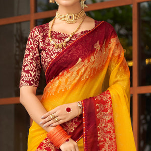 Yellow & Maroon Foil Printed Chiffon Saree
