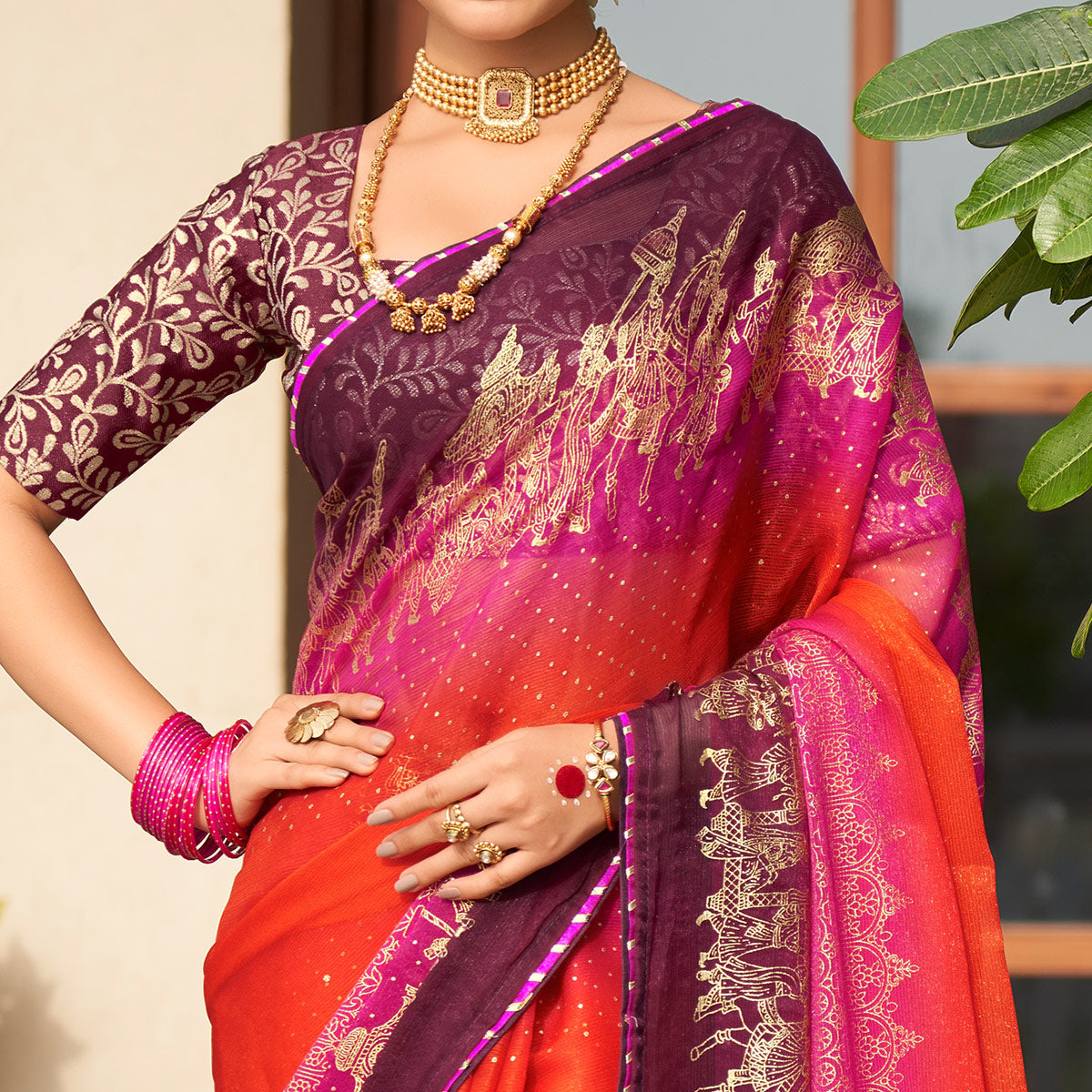 Red & Rani Pink Foil Printed Chiffon Saree