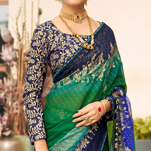 Green & Blue Foil Printed Chiffon Saree