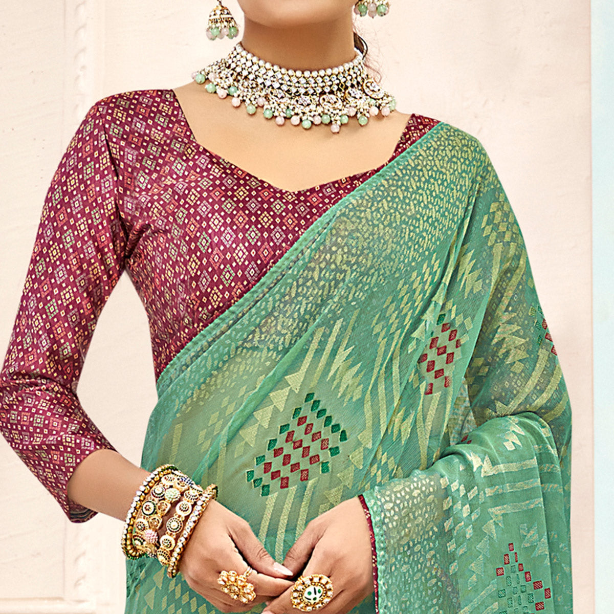 Sea Green Geometric Printed Chiffon Brasso Saree