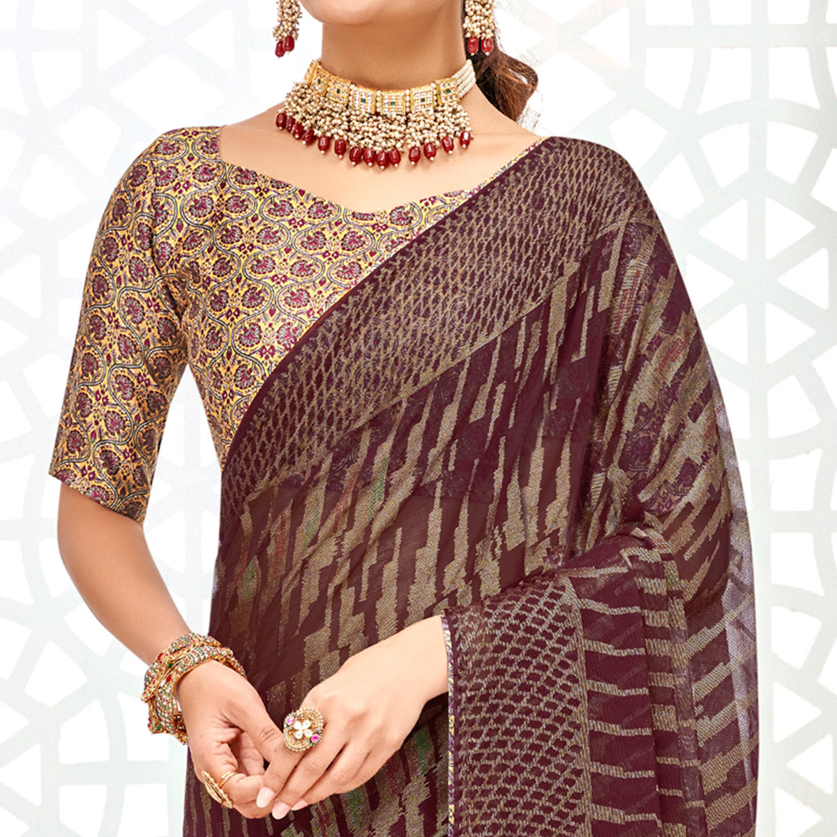 Wine Geometric Printed Chiffon Brasso Saree