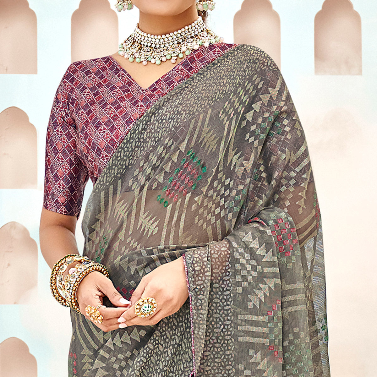 Grey Geometric Printed Chiffon Brasso Saree
